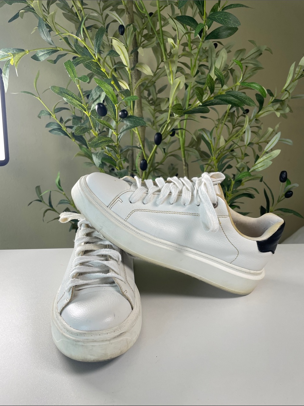 White Leather Low-Top Sneakers with Black Heel Accent